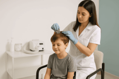 طفل صغير يجلس بهدوء بينما تقوم مختصة بتمشيط شعره بمشط معدني داخل مركز علاجي نظيف.