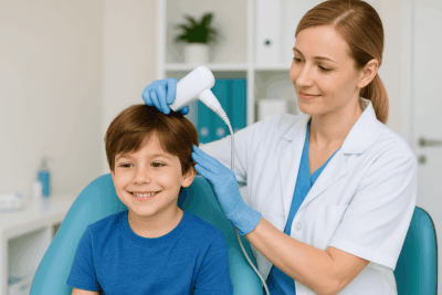 طفل يجلس مبتسمًا على كرسي داخل مركز طبي، بينما تقوم أخصائية بفحص شعره باستخدام جهاز طبي حديث، في بيئة نظيفة وآمنة.