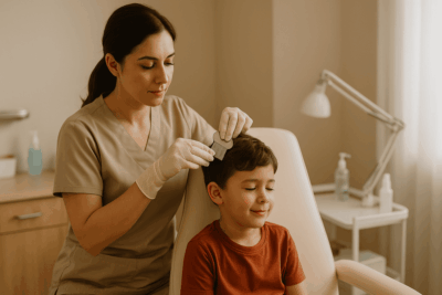 جلسة إزالة قمل لطفل صغير في مركز متخصص باستخدام أدوات طبيعية وتحت إشراف احترافي.