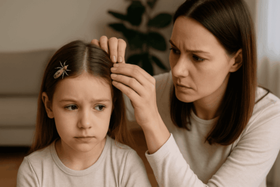 أم تفحص شعر ابنتها بحثًا عن القمل في ضوء طبيعي ناعم.