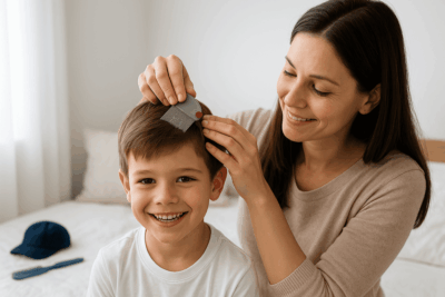 أم تفحص شعر طفلها للبحث عن القمل باستخدام مشط خاص في غرفة نظيفة ومضيئة.