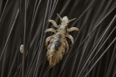 قملة على خصلة شعر وبجانبها صيبان، توضح بدقة مرحلة من مراحل دورة حياة القمل.