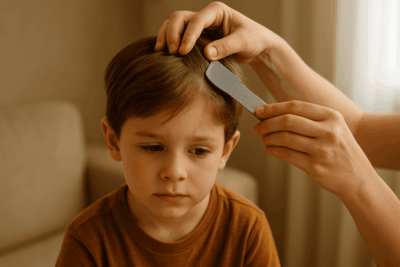 فحص شعر طفل في المنزل للكشف عن القمل باستخدام مشط معدني