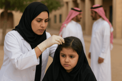 امرأة سعودية تفحص شعر طفلة صغيرة في ساحة خارجية.