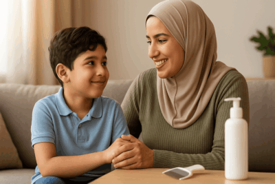 طفل سعودي مع والدته في جو عائلي دافئ أثناء التحضير لـ علاج القمل في المنزل.
