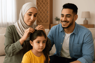 أم سعودية تفحص شعر طفلتها للتأكد من خلوه من القمل بعد العلاج