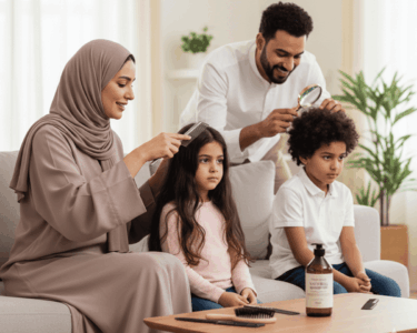 أم سعودية تفحص شعر ابنتها وأب يساعد ابنه في فحص الشعر ضمن خطة علاج القمل للأسرة.