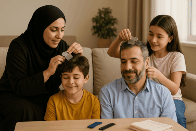 أم تفحص شعر ابنها بينما الابنة تفحص شعر والدها في جو عائلي دافئ.
