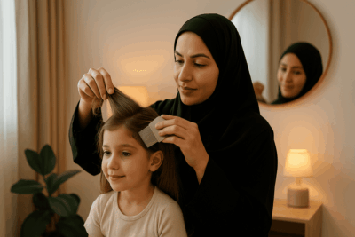 أم تفحص شعر ابنتها لاكتشاف القمل في المنزل.