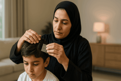أم سعودية تفحص شعر طفلها بحثًا عن القمل في مشهد واقعي داخل منزل حديث.
