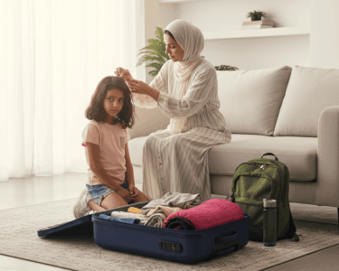 أم سعودية تفحص شعر ابنتها قبل الرحلة الصيفية.