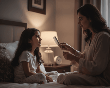 أم سعودية تفحص شعر ابنتها ليلًا بمشط القمل المعدني لبدء علاج القمل في المنزل.