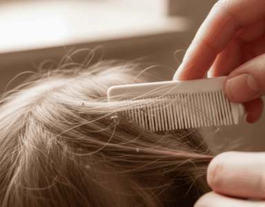 لفرق بين القمل والصيبان على فروة رأس طفل أثناء فحص الشعر