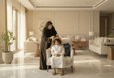 طفل سعودي في المدرسة يشعر بالانزعاج بينما تفحص الأم شعره بحثًا عن القمل في المنزل