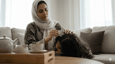 أم سعودية تفحص شعر طفلها بحثًا عن القمل داخل منزل