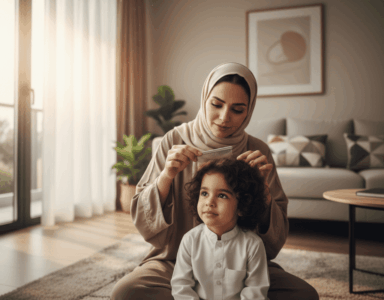 أم سعودية تفحص شعر طفلها للتأكد من خلوه من القمل