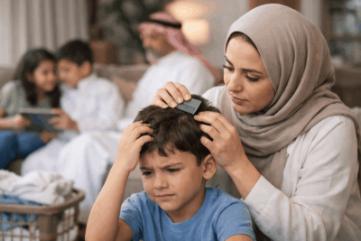 أم سعودية تفحص شعر طفلها بمشط القمل داخل المنزل لمنع انتشار العدوى العائلية وعلاج القمل مبكرًا
