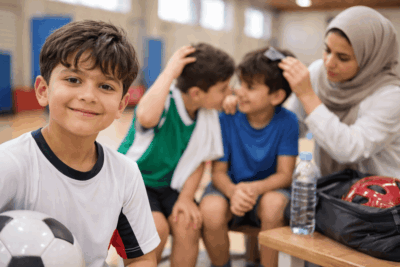 أطفال في نادٍ رياضي مع فحص وقائي للشعر بعد التمرين لمنع انتقال القمل.