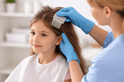 طفل يخضع لجلسة إزالة القمل باستخدام مشط دقيق داخل مركز متخصص