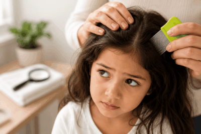 طفلة تخضع لفحص وعلاج القمل باستخدام مشط مخصص لإزالة القمل من الشعر