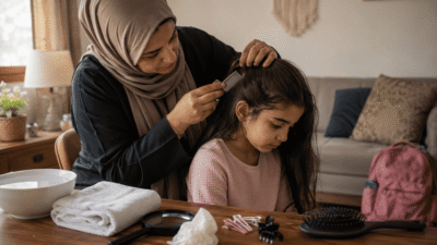 أم تفحص شعر طفلتها بمشط القمل داخل المنزل في أجواء هادئة وداعمة.